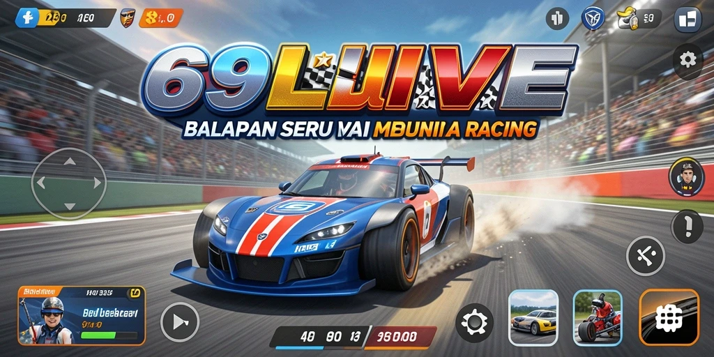 Screenshot 69LIVE menampilkan aksi balapan yang mendebarkan dan kendaraan berkecepatan tinggi.