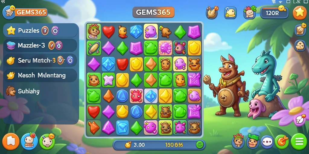 Tampilan gameplay menakjubkan dari GEMS365 saat menyelesaikan level Match-3.