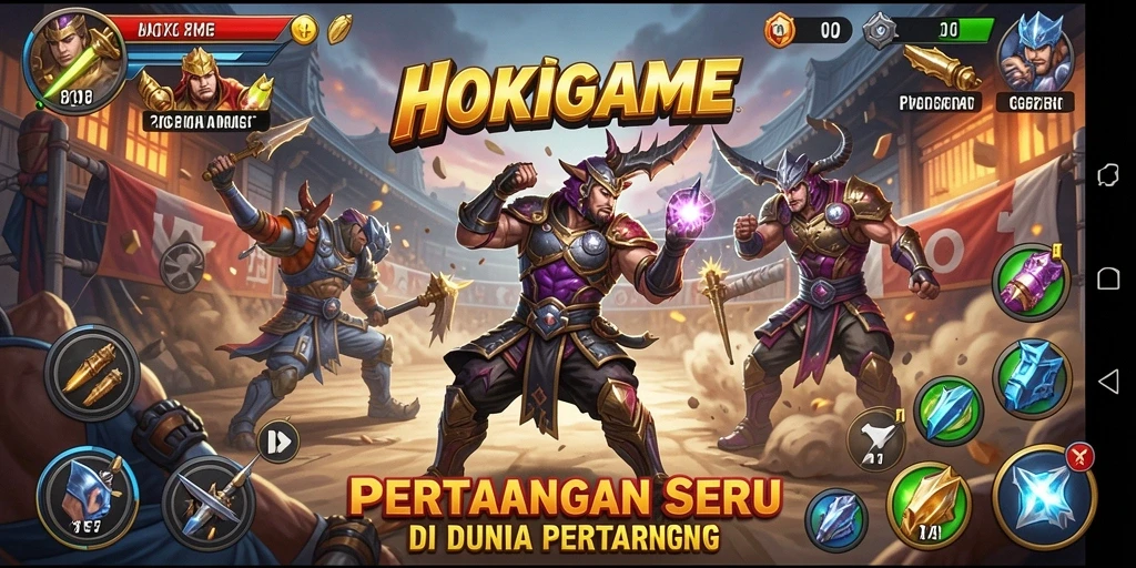 Screenshot HOKIGAME menampilkan aksi pertarungan yang mendebarkan dan karakter-karakter unik.
