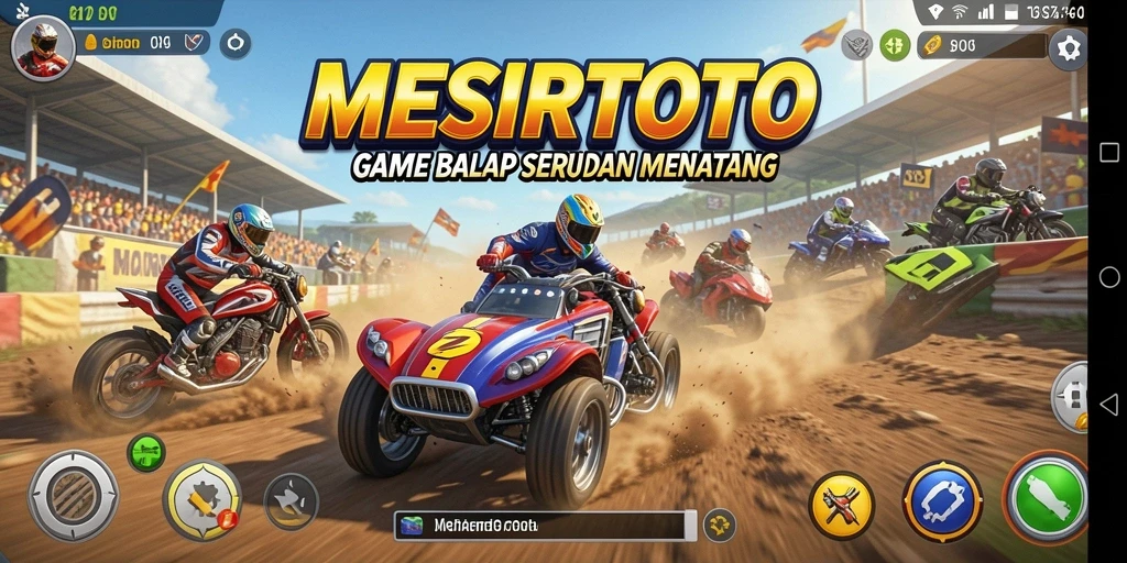 Tampilan gameplay yang mendebarkan di MESIRTOTO dengan berbagai trek balap.