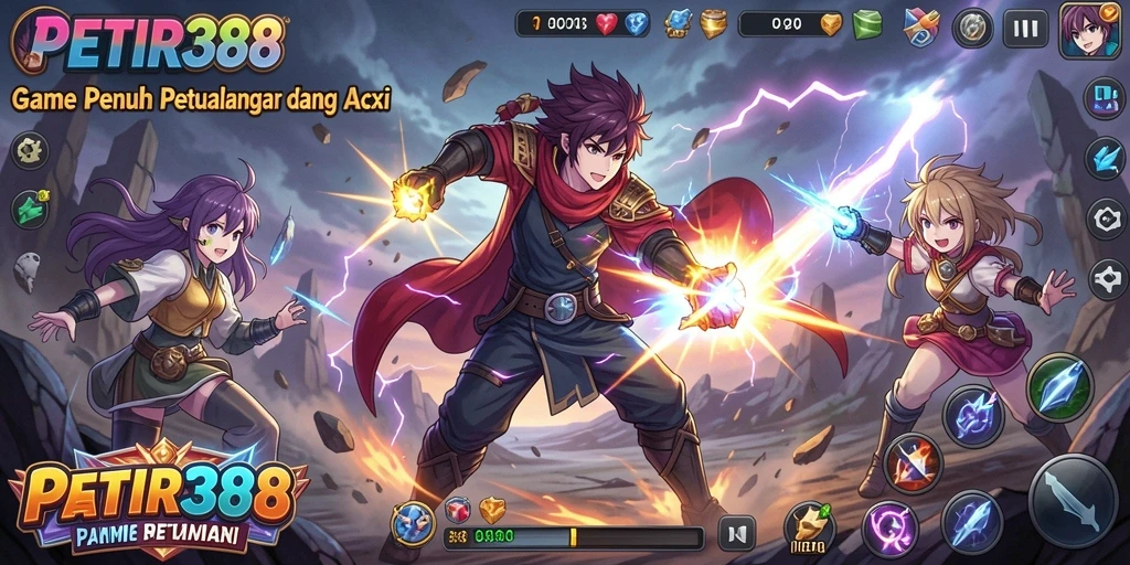 Tangkapan layar utama PETIR388 menampilkan aksi pertarungan karakter Anime.