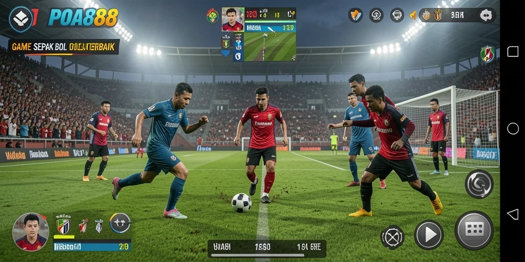 Screenshot menunjukkan aksi sepak bola yang intens dalam POA88.