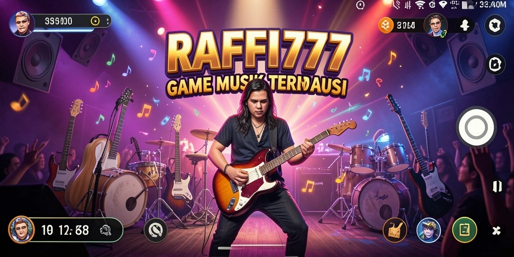 Screenshot utama RAFFI777 menampilkan gameplay musik yang seru dan interaktif.