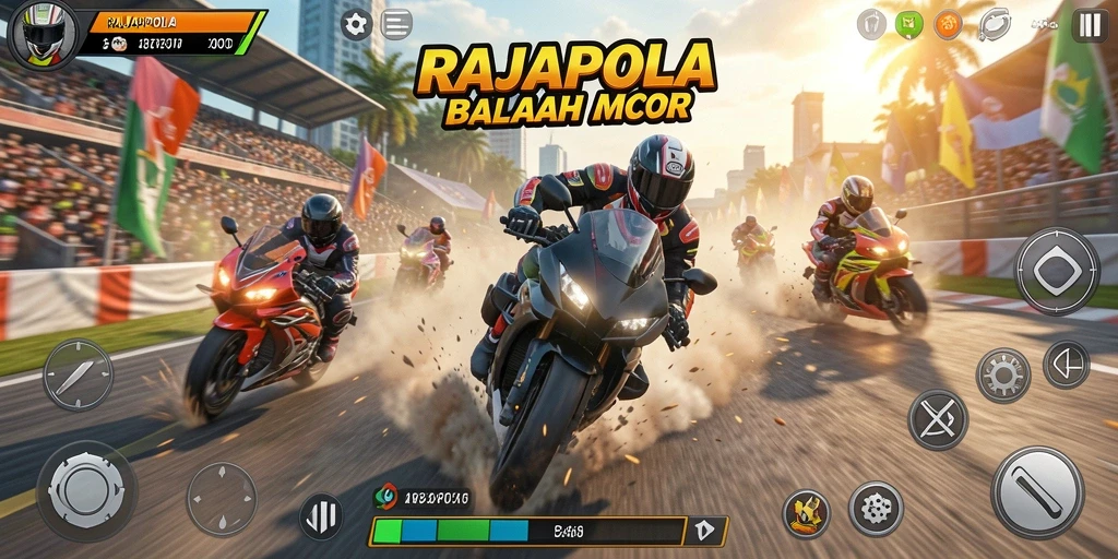 Tangkapan layar RAJAPOLA menampilkan aksi balapan motor yang mendebarkan.