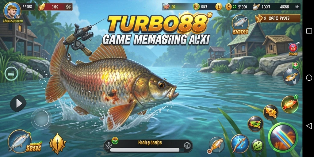 Screenshot TURBO88 menunjukkan aksi seru saat menangkap ikan di laut.